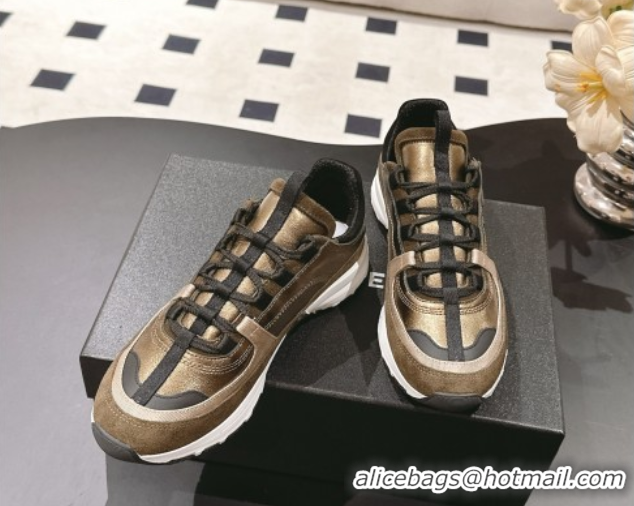 Shop Duplicate Chanel Laminated Calfskin & Suede Sneakers Gold/Khaki 2025 G46609