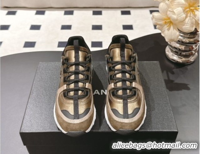 Shop Duplicate Chanel Laminated Calfskin & Suede Sneakers Gold/Khaki 2025 G46609