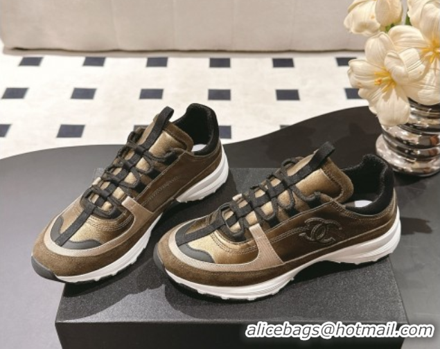 Shop Duplicate Chanel Laminated Calfskin & Suede Sneakers Gold/Khaki 2025 G46609
