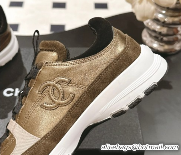 Shop Duplicate Chanel Laminated Calfskin & Suede Sneakers Gold/Khaki 2025 G46609