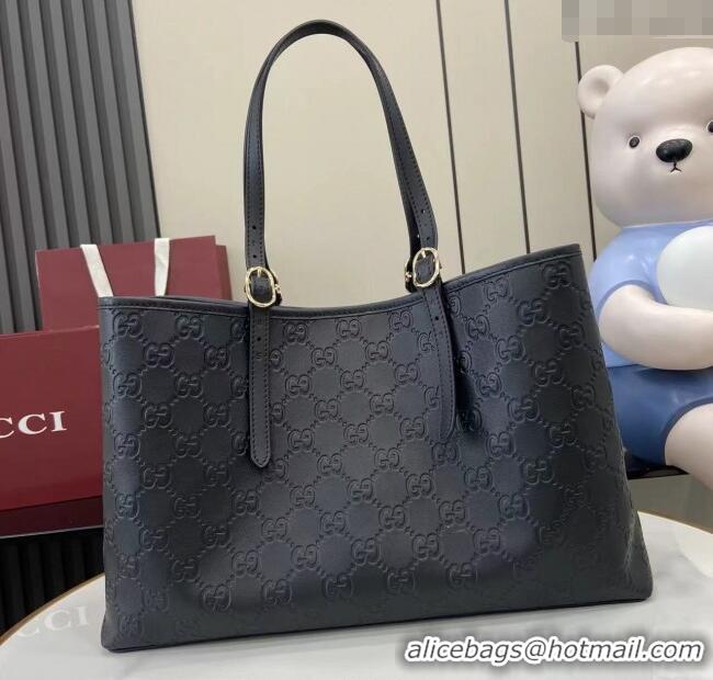 Best Product Gucci GG Leather Emblem Large Tote bag 815213 Black 2025