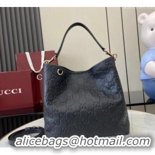Low Cost Gucci GG Leather Emblem Medium Bucket Bag 815103 Black 2025