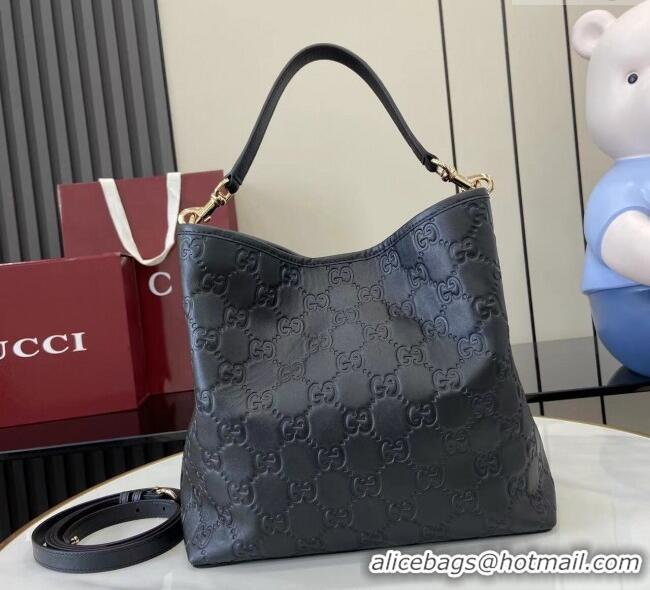 Low Cost Gucci GG Leather Emblem Medium Bucket Bag 815103 Black 2025