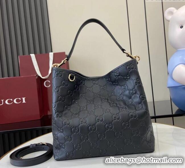 Low Cost Gucci GG Leather Emblem Medium Bucket Bag 815103 Black 2025