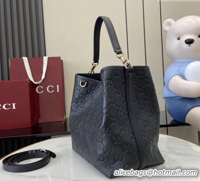 Low Cost Gucci GG Leather Emblem Medium Bucket Bag 815103 Black 2025