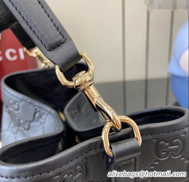 Low Cost Gucci GG Leather Emblem Medium Bucket Bag 815103 Black 2025