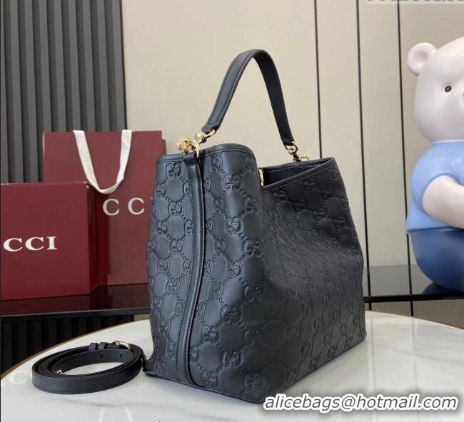 Low Cost Gucci GG Leather Emblem Medium Bucket Bag 815103 Black 2025