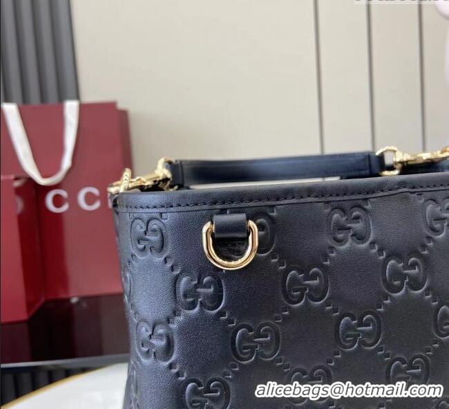 Low Cost Gucci GG Leather Emblem Medium Bucket Bag 815103 Black 2025