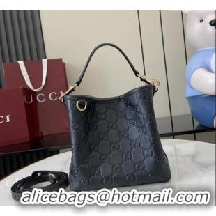 Top Grade Gucci GG Leather Emblem Small Bucket Bag 815118 Black 2025