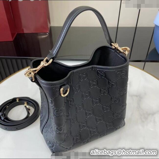 Top Grade Gucci GG Leather Emblem Small Bucket Bag 815118 Black 2025