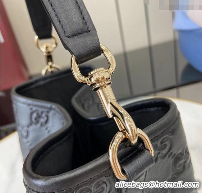 Top Grade Gucci GG Leather Emblem Small Bucket Bag 815118 Black 2025