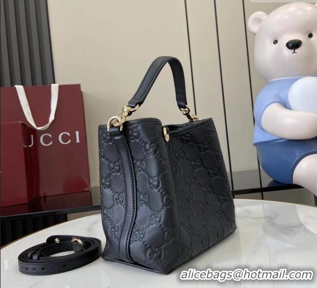 Top Grade Gucci GG Leather Emblem Small Bucket Bag 815118 Black 2025
