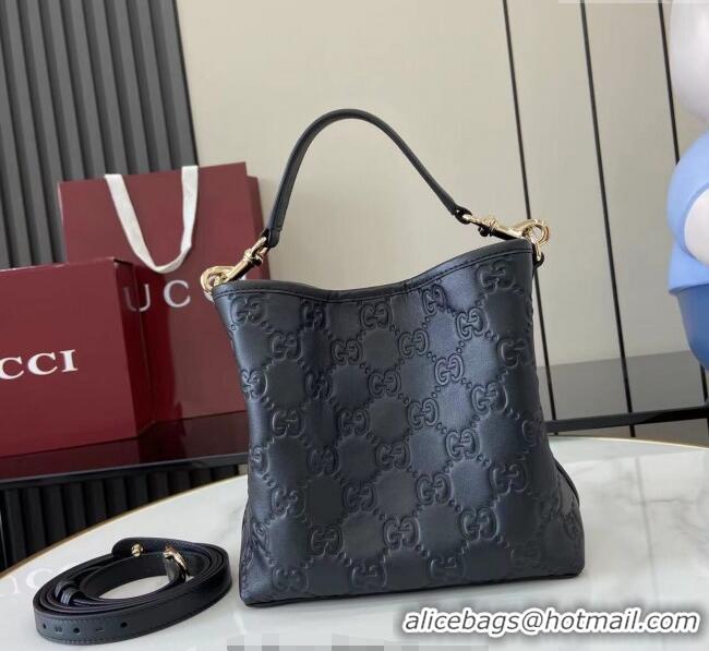 Top Grade Gucci GG Leather Emblem Small Bucket Bag 815118 Black 2025