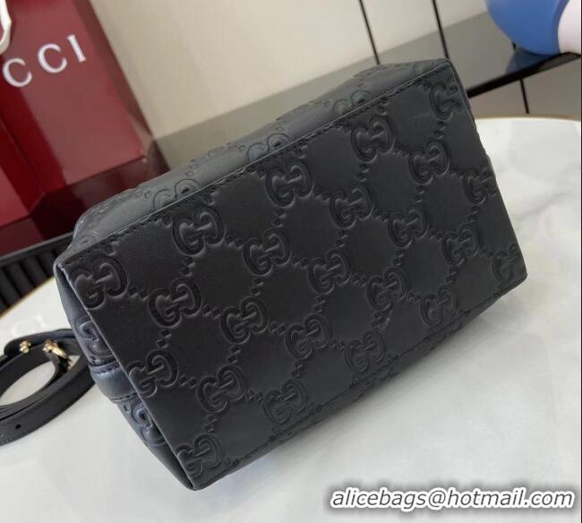 Top Grade Gucci GG Leather Emblem Small Bucket Bag 815118 Black 2025
