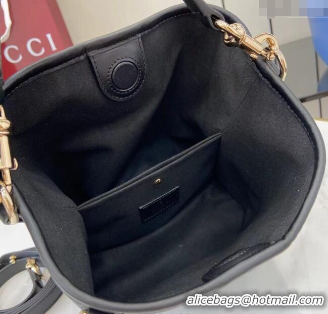 Top Grade Gucci GG Leather Emblem Small Bucket Bag 815118 Black 2025