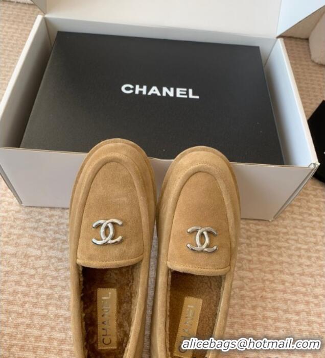 ​Modern Classic Chanel Suede & Shearling Wool Loafers Flat CH112005 Camel Brown 2024