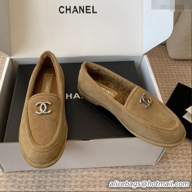 ​Modern Classic Chanel Suede & Shearling Wool Loafers Flat CH112005 Camel Brown 2024