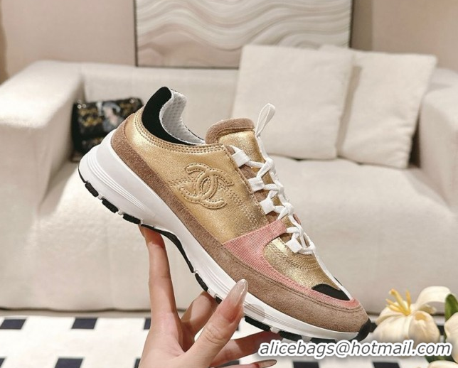 Shop Cheap Chanel Laminated Calfskin & Suede Sneakers Gold/Beige 2025 G46609