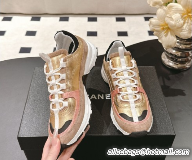Shop Cheap Chanel Laminated Calfskin & Suede Sneakers Gold/Beige 2025 G46609
