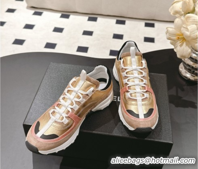 Shop Cheap Chanel Laminated Calfskin & Suede Sneakers Gold/Beige 2025 G46609