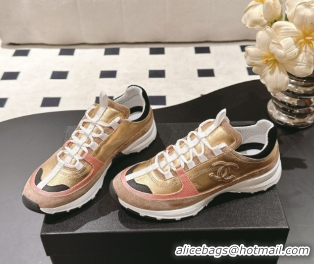 Shop Cheap Chanel Laminated Calfskin & Suede Sneakers Gold/Beige 2025 G46609