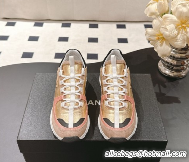 Shop Cheap Chanel Laminated Calfskin & Suede Sneakers Gold/Beige 2025 G46609