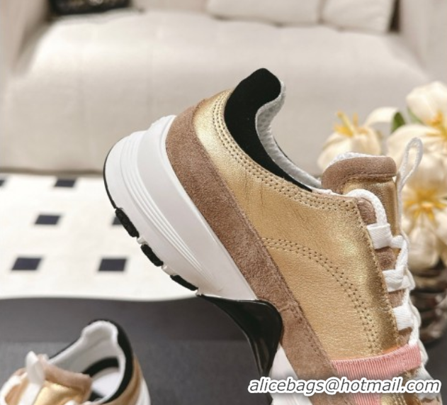 Shop Cheap Chanel Laminated Calfskin & Suede Sneakers Gold/Beige 2025 G46609