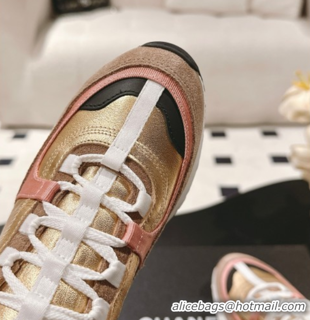 Shop Cheap Chanel Laminated Calfskin & Suede Sneakers Gold/Beige 2025 G46609