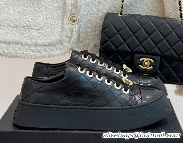 Pretty Style Chanel Quilted Calfskin Platform Sneakers 3.5cm Black 2025 G46620