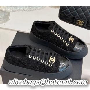 Luxurious Chanel Glittered Tweed Platform Sneakers 3.5cm Black 2025 G46620
