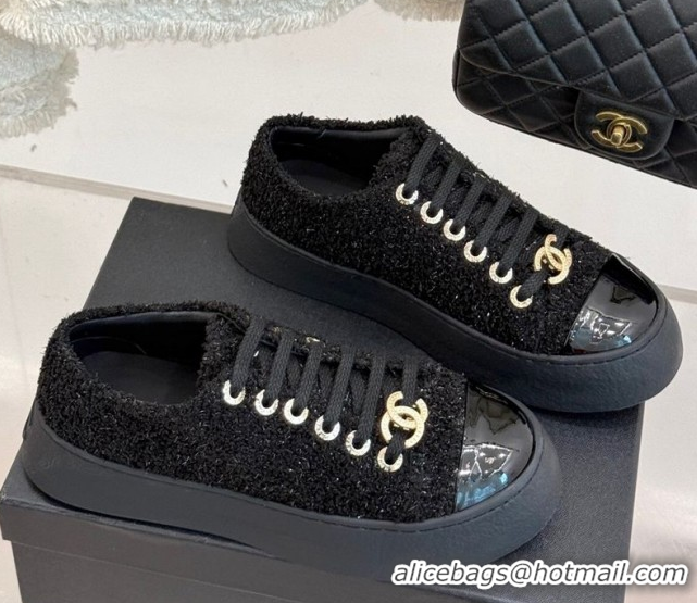 Luxurious Chanel Glittered Tweed Platform Sneakers 3.5cm Black 2025 G46620