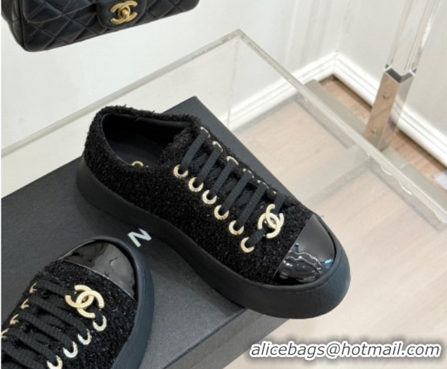 Luxurious Chanel Glittered Tweed Platform Sneakers 3.5cm Black 2025 G46620