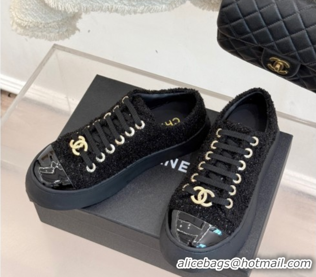 Luxurious Chanel Glittered Tweed Platform Sneakers 3.5cm Black 2025 G46620