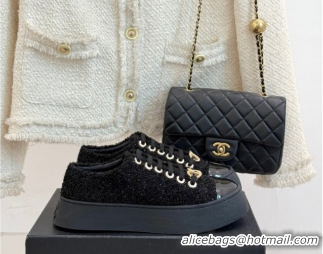Luxurious Chanel Glittered Tweed Platform Sneakers 3.5cm Black 2025 G46620