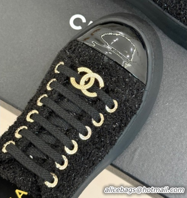 Luxurious Chanel Glittered Tweed Platform Sneakers 3.5cm Black 2025 G46620