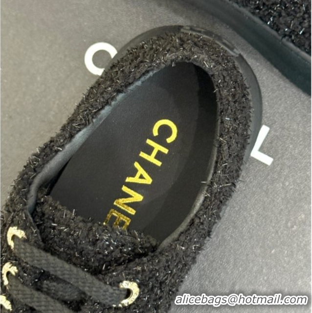 Luxurious Chanel Glittered Tweed Platform Sneakers 3.5cm Black 2025 G46620