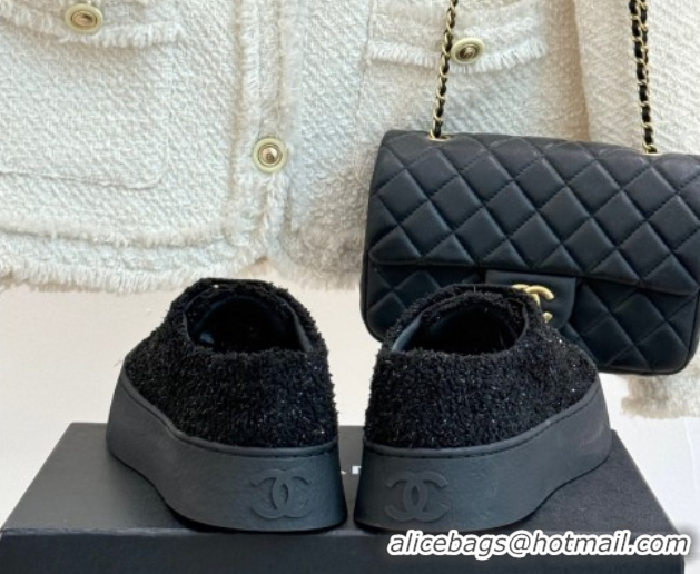 Luxurious Chanel Glittered Tweed Platform Sneakers 3.5cm Black 2025 G46620