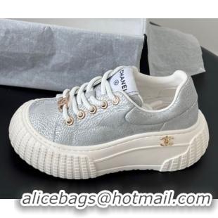 Buy Luxury Chanel Leather Platform Sneakers Silver 2025 CH071513