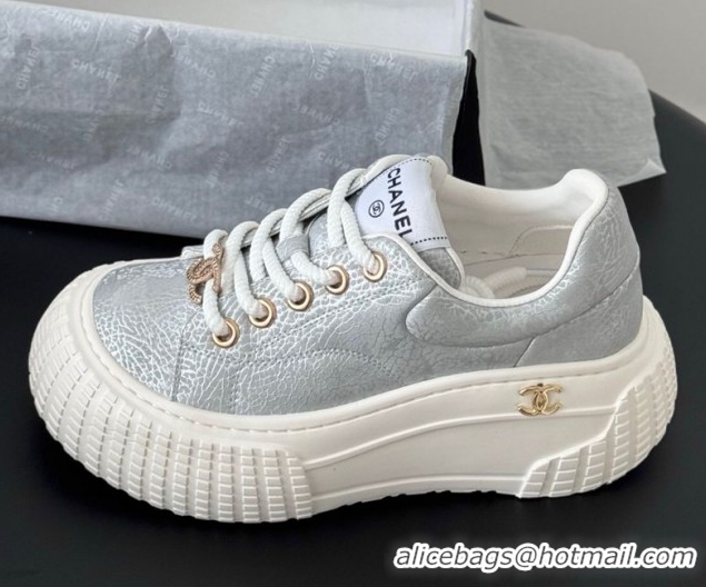 Buy Luxury Chanel Leather Platform Sneakers Silver 2025 CH071513