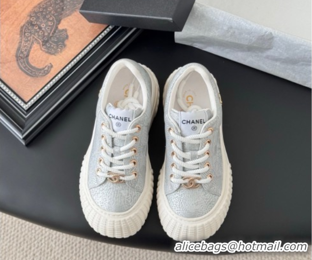 Buy Luxury Chanel Leather Platform Sneakers Silver 2025 CH071513