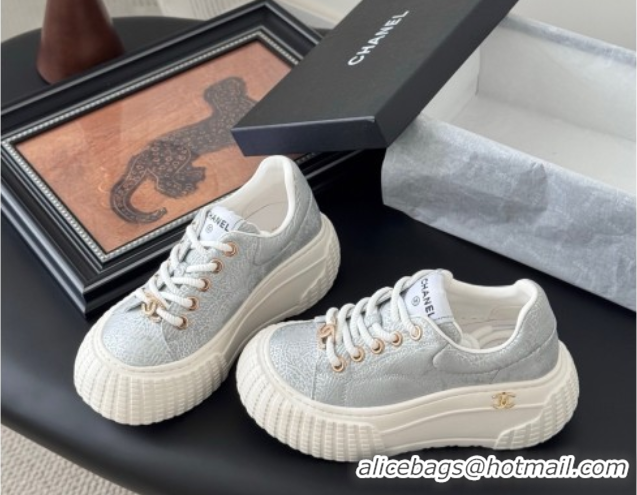 Buy Luxury Chanel Leather Platform Sneakers Silver 2025 CH071513