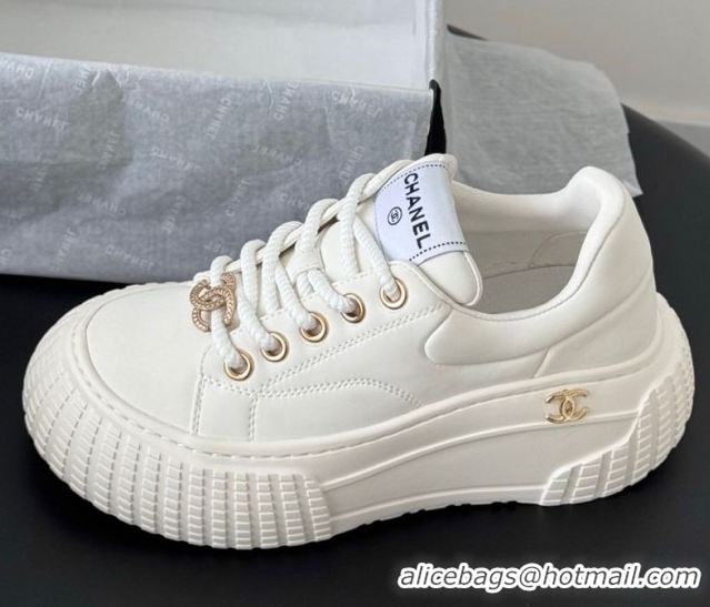 Shop Duplicate Chanel Leather Platform Sneakers White 2025 CH071513