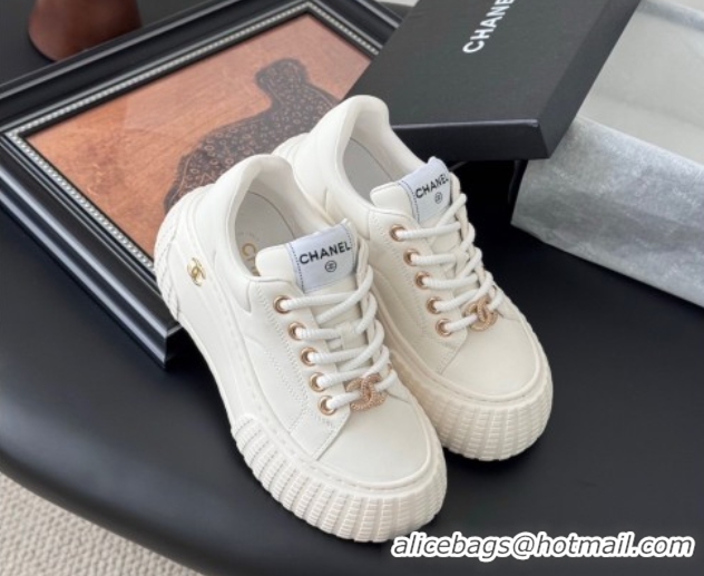 Shop Duplicate Chanel Leather Platform Sneakers White 2025 CH071513