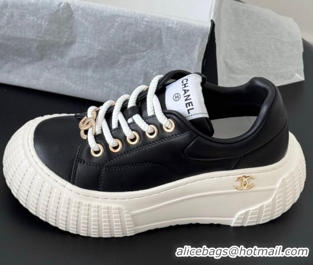 Top Grade Chanel Leather Platform Sneakers Black 2025 CH071513