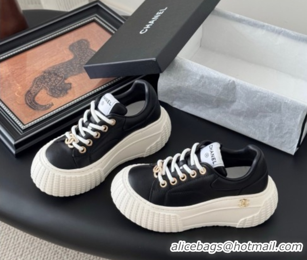 Top Grade Chanel Leather Platform Sneakers Black 2025 CH071513