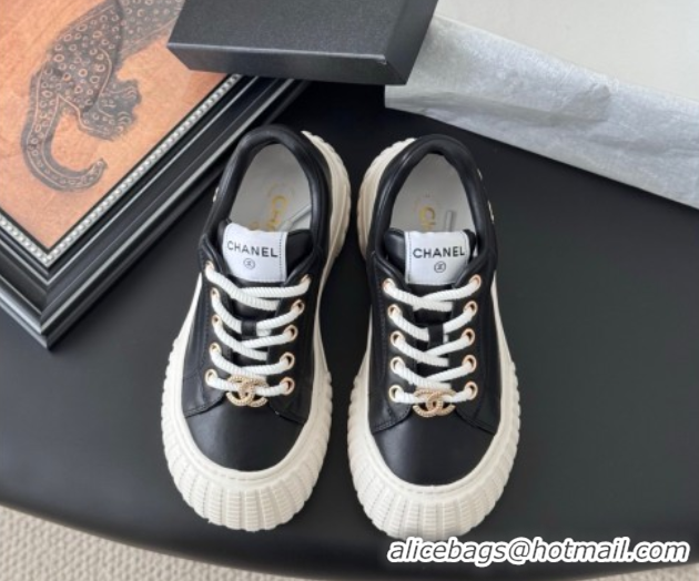 Top Grade Chanel Leather Platform Sneakers Black 2025 CH071513