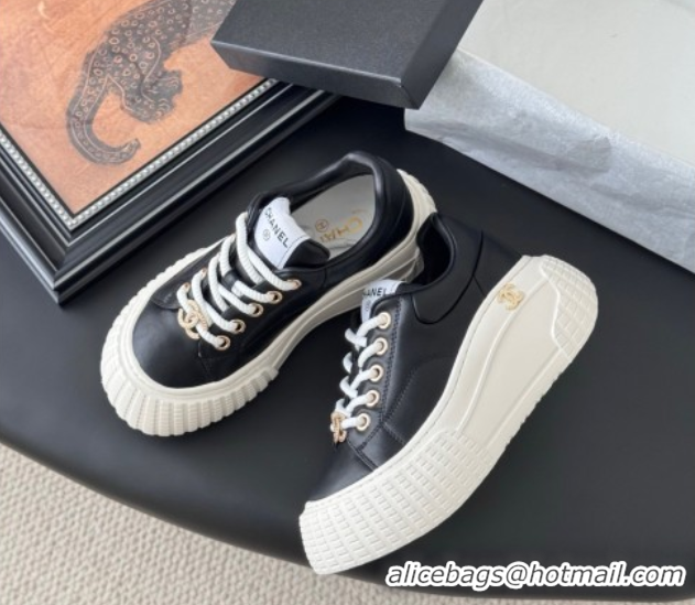 Top Grade Chanel Leather Platform Sneakers Black 2025 CH071513