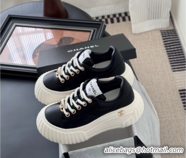 Top Grade Chanel Leather Platform Sneakers Black 2025 CH071513