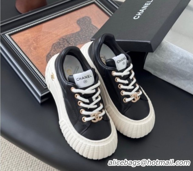 Top Grade Chanel Leather Platform Sneakers Black 2025 CH071513
