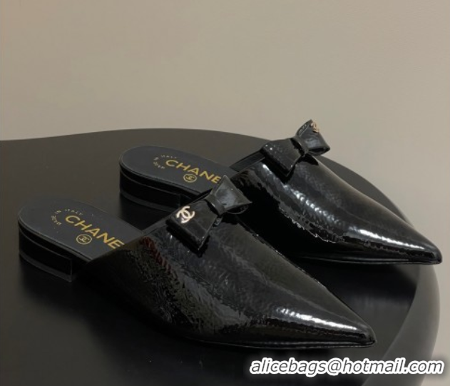 Top Design Chanel Crumpled Patent Calfskin Flat Mules with Bow Black 2025 G46550